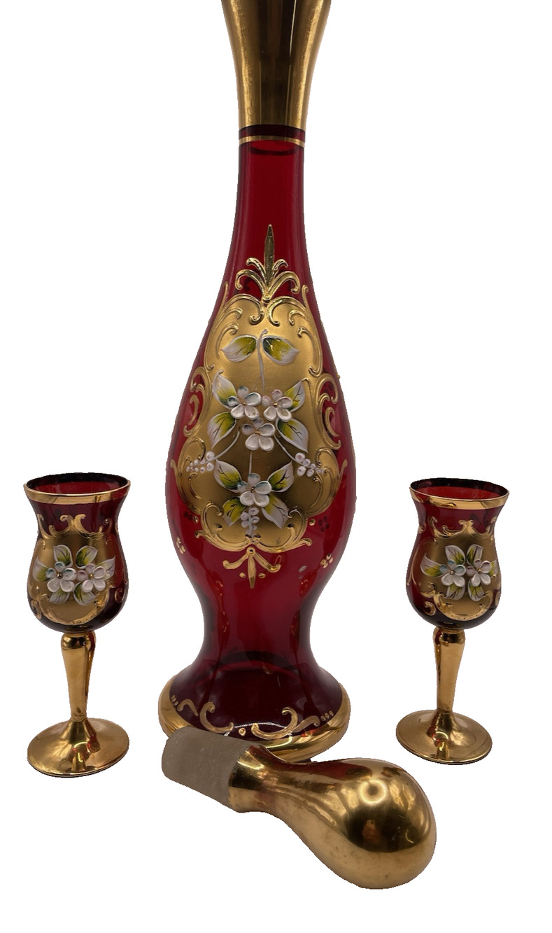Vintage RED Tre Fuochi Murano Venetian Glass Aperitif Set gold Plated Italy